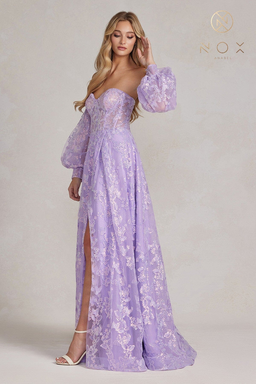 Butterfly Applique Puff Sleeve Gown by Nox Anabel K1155