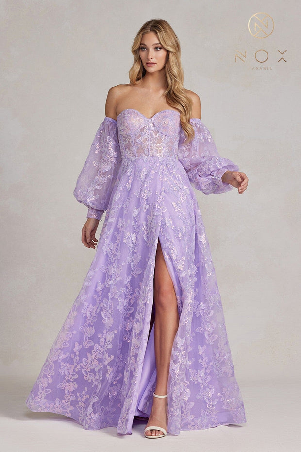 Butterfly Applique Puff Sleeve Gown by Nox Anabel K1155