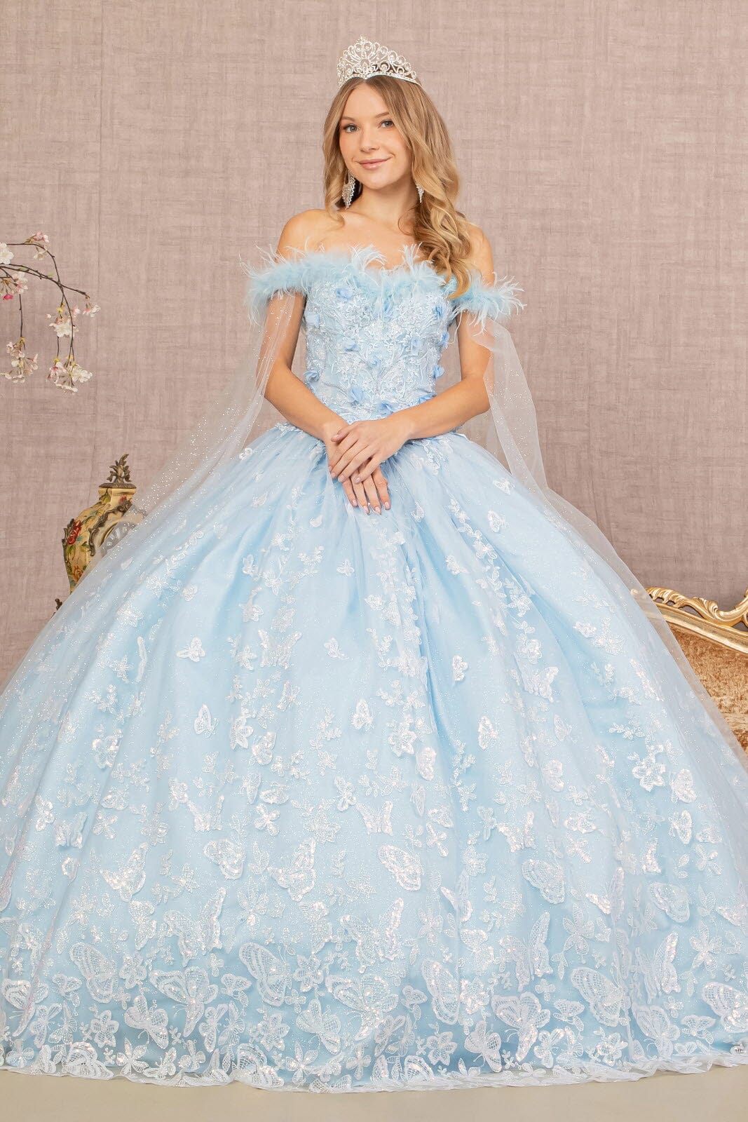 Butterfly Print Off Shoulder Ball Gown by Elizabeth K GL3166 XS / Baby Blue Butterfly Print Off Shoulder Ball Gown by Elizabeth K GL3166 XS / Baby Blue