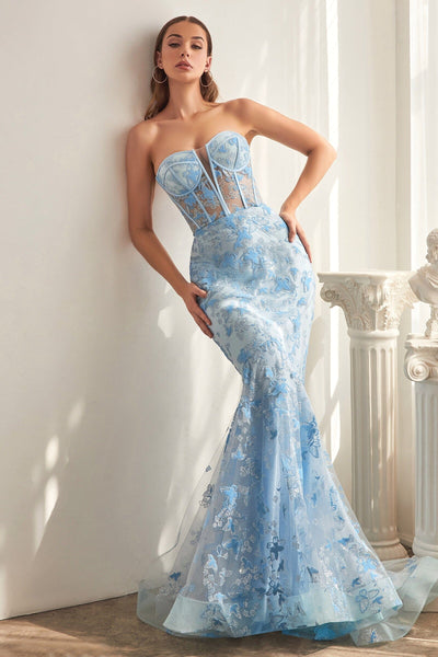Butterfly Print Strapless Mermaid Dress by Ladivine CB099