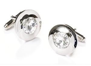 Button Silver Cufflinks with Clear Crystal-Men's Cufflinks-ABC Fashion