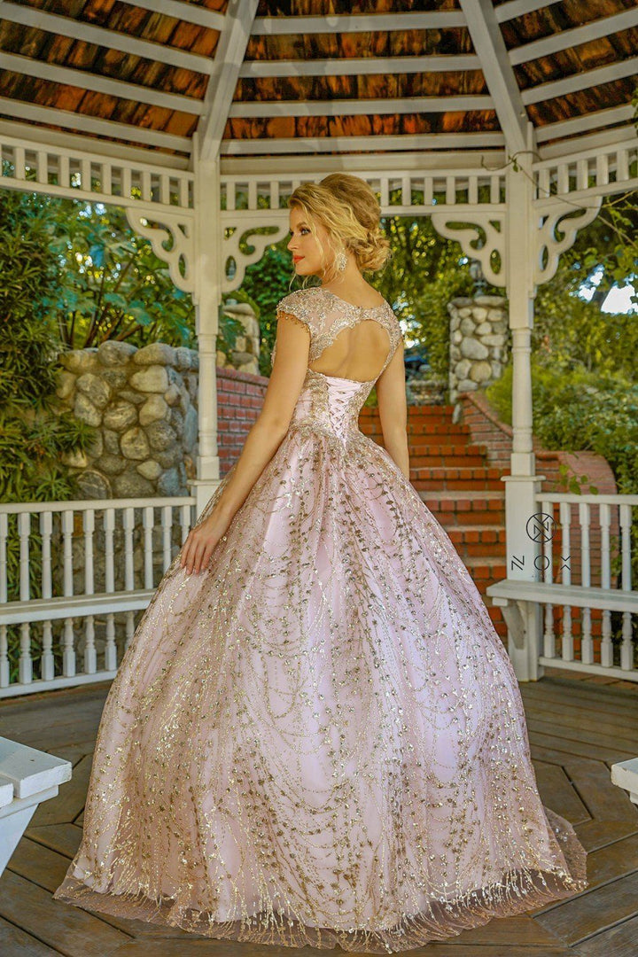 Cap Sleeve Glitter Ball Gown by Nox Anabel U803