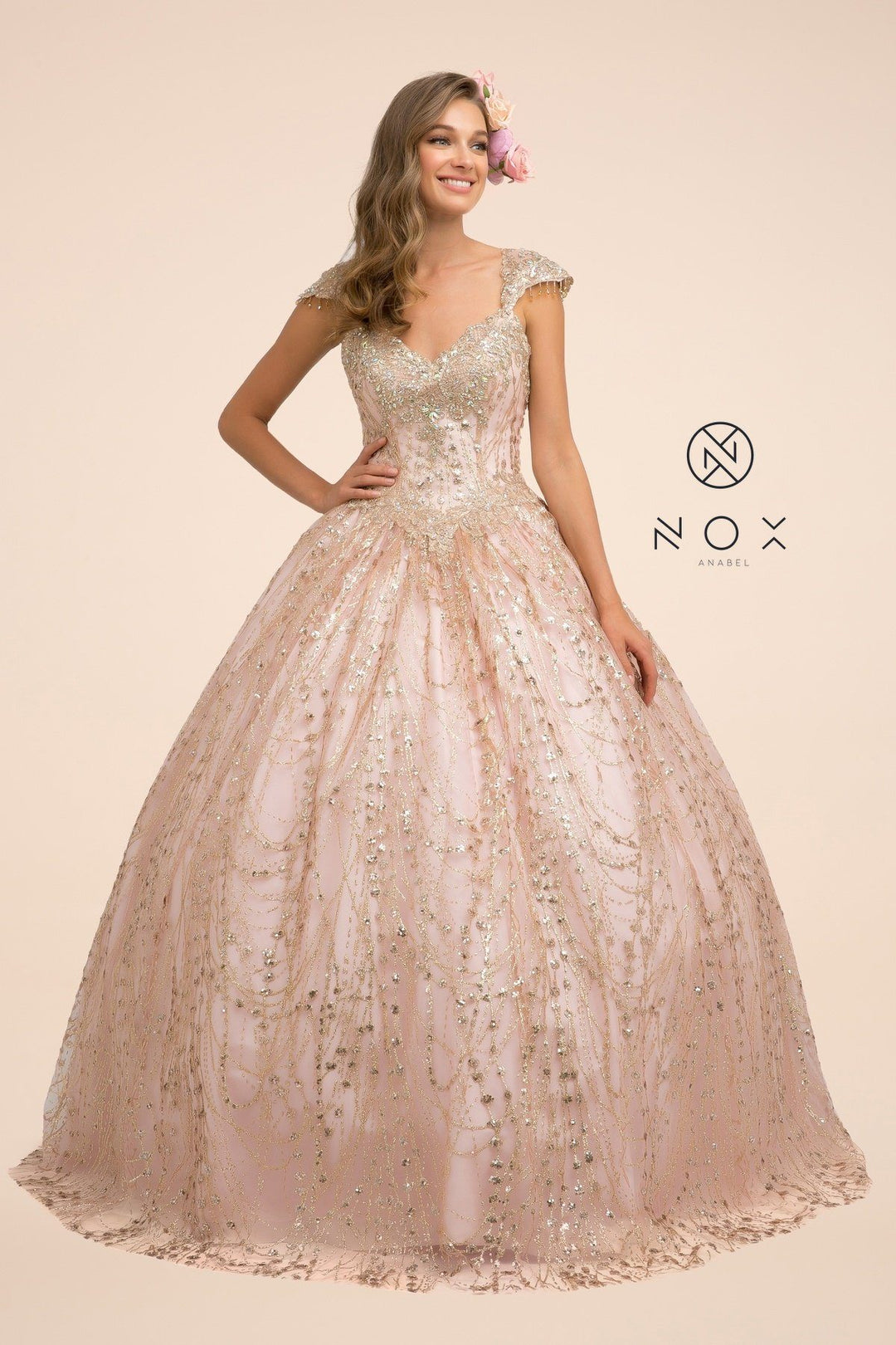 Cap Sleeve Glitter Ball Gown by Nox Anabel U803