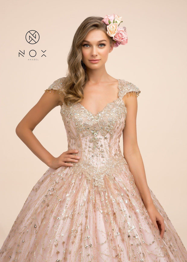 Cap Sleeve Glitter Ball Gown by Nox Anabel U803