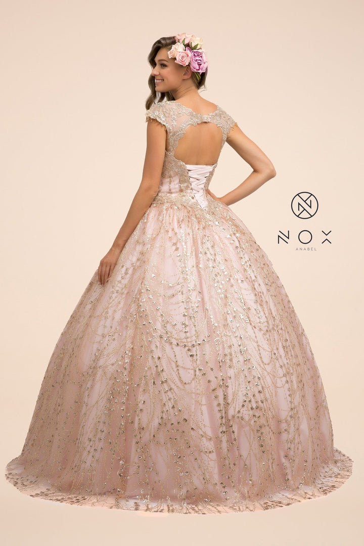 Cap Sleeve Glitter Ball Gown by Nox Anabel U803