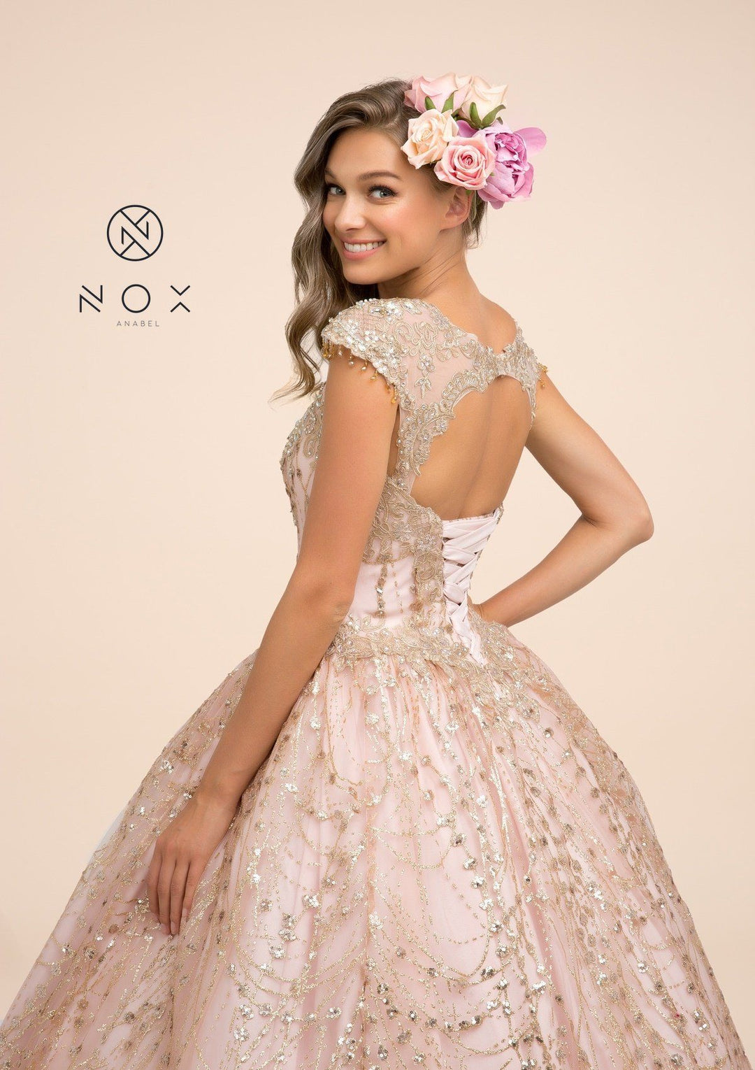 Cap Sleeve Glitter Ball Gown by Nox Anabel U803