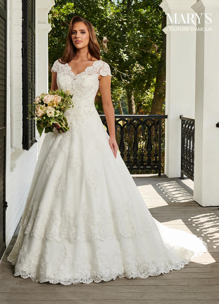 Cap Sleeve Lace Wedding Dress with Train by Mary's Bridal 6401