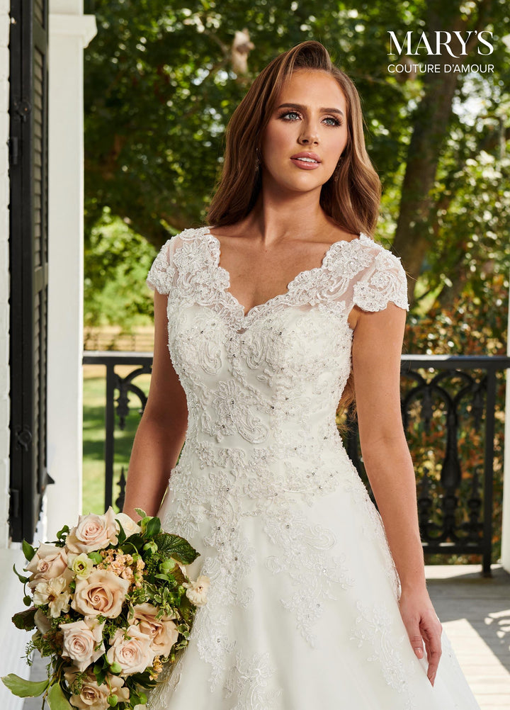 Cap Sleeve Lace Wedding Dress with Train by Mary's Bridal 6401