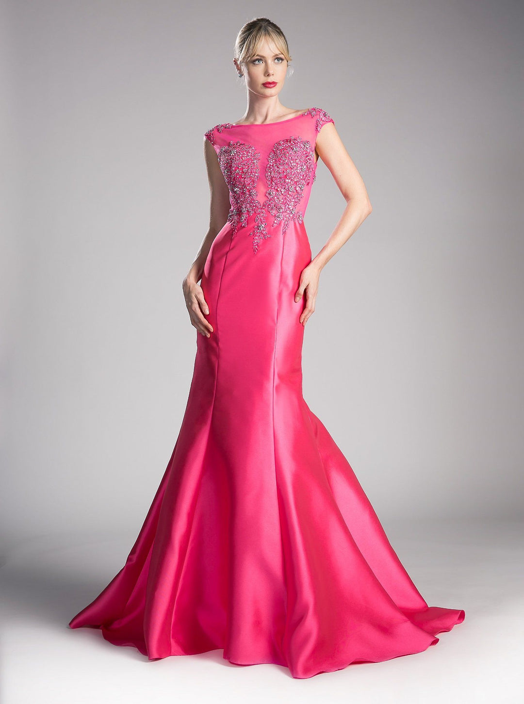 Cap Sleeve Mermaid Gown with Beaded Top by Cinderella Divine 8984A-Long Formal Dresses-ABC Fashion