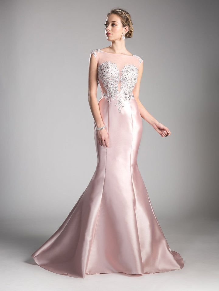 Cap Sleeve Mermaid Gown with Beaded Top by Cinderella Divine 8984A-Long Formal Dresses-ABC Fashion