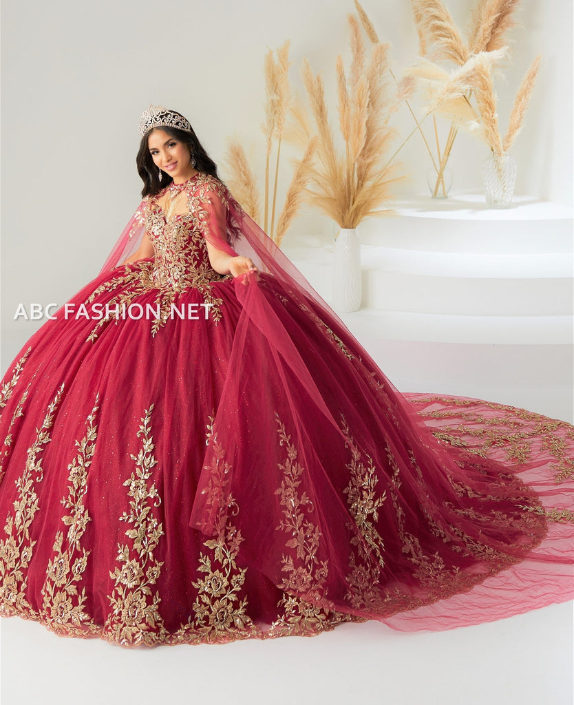 Cape Quinceanera Dress by House of Wu 26035C 10 / Burgundy/Gold Cape Quinceanera Dress by House of Wu 26035C 10 / Burgundy/Gold