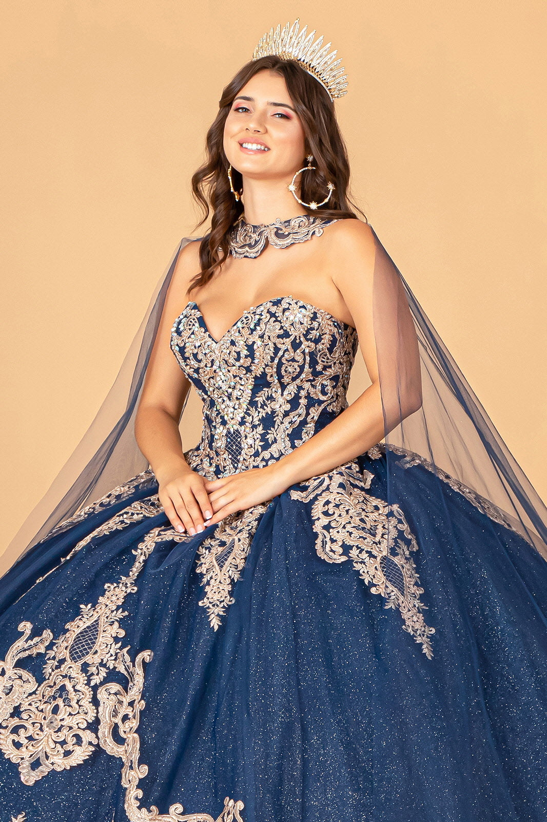 Cape Strapless Glitter Ball Gown by Elizabeth K GL3078