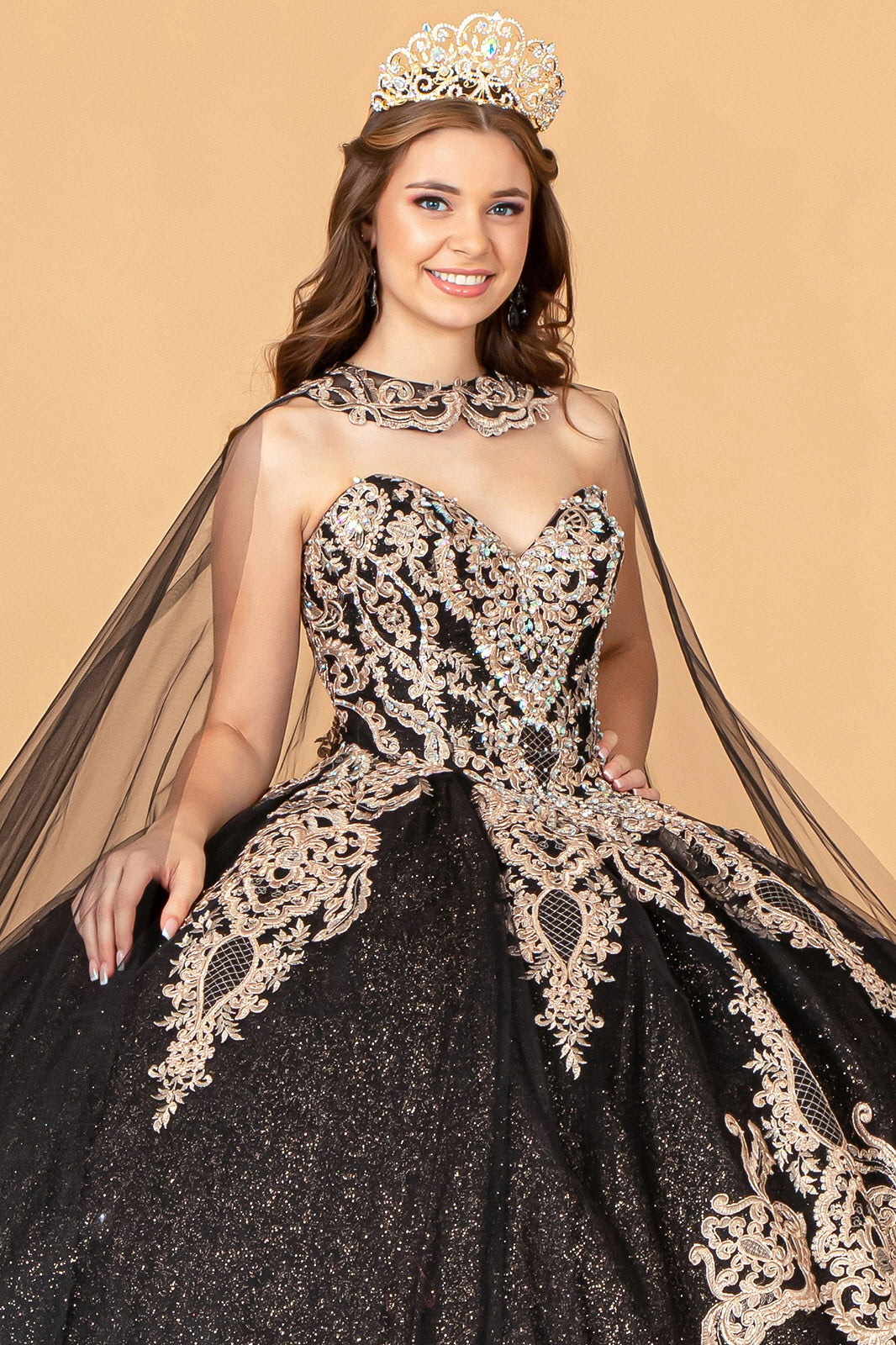 Cape Strapless Glitter Ball Gown by Elizabeth K GL3078