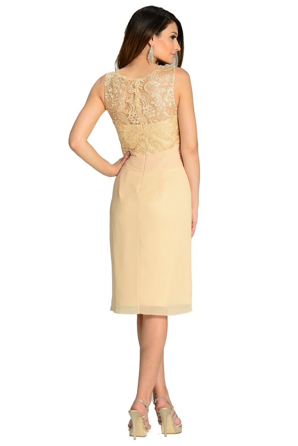 Champagne Knee Length Chiffon Dress with Lace Top by Poly USA-Short Cocktail Dresses-ABC Fashion
