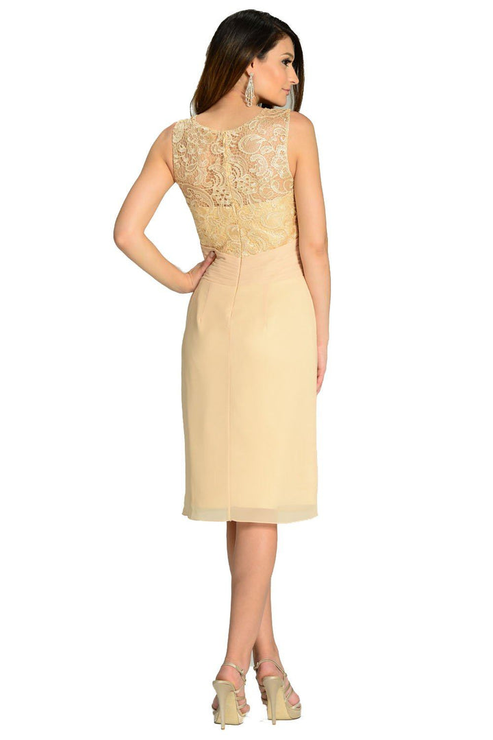 Champagne Knee Length Chiffon Dress with Lace Top by Poly USA-Short Cocktail Dresses-ABC Fashion