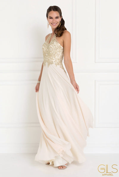 Champagne Long Open Back Chiffon Dress by Elizabeth K GL1526-Long Formal Dresses-ABC Fashion