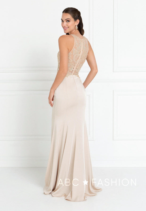 Champagne Mermaid Gown with Beaded Illusion Bodice by Elizabeth K GL1568-Long Formal Dresses-ABC Fashion