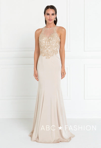 Champagne Mermaid Gown with Beaded Illusion Bodice by Elizabeth K GL1568-Long Formal Dresses-ABC Fashion