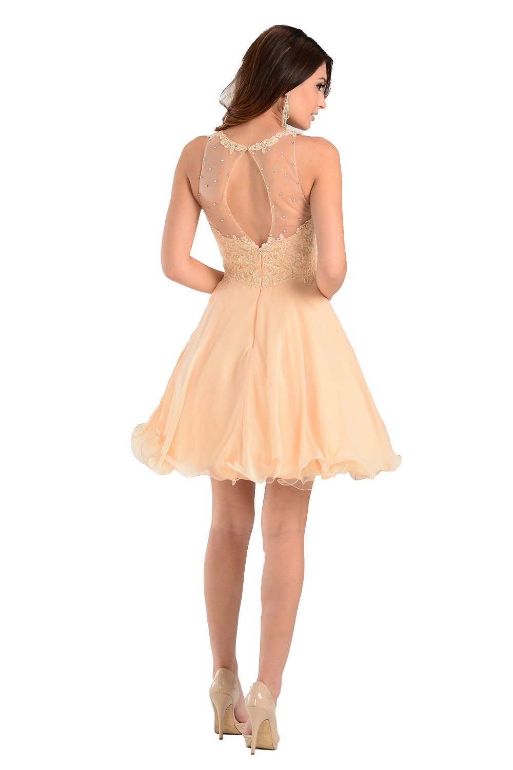 Champagne Short Chiffon Dress with Lace Applique Top by Poly USA-Short Cocktail Dresses-ABC Fashion