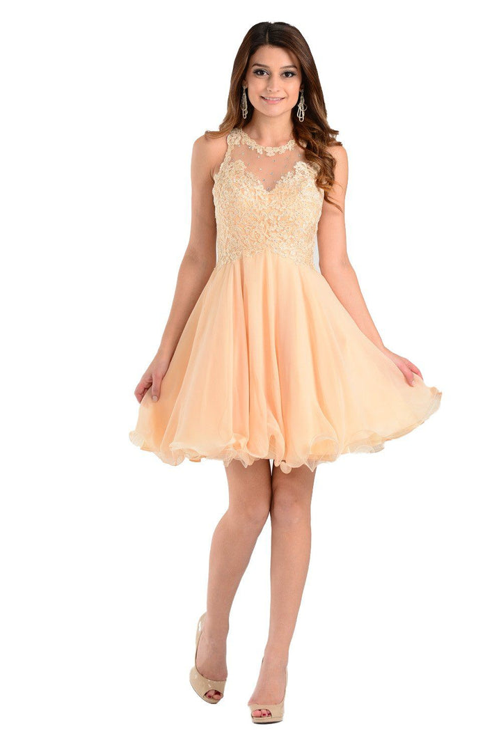Champagne Short Chiffon Dress with Lace Applique Top by Poly USA-Short Cocktail Dresses-ABC Fashion