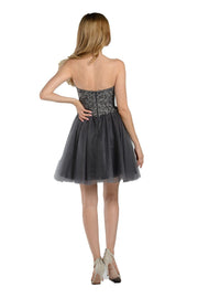 Charcoal Short Strapless Dress with Lace Bodice by Poly USA-Short Cocktail Dresses-ABC Fashion