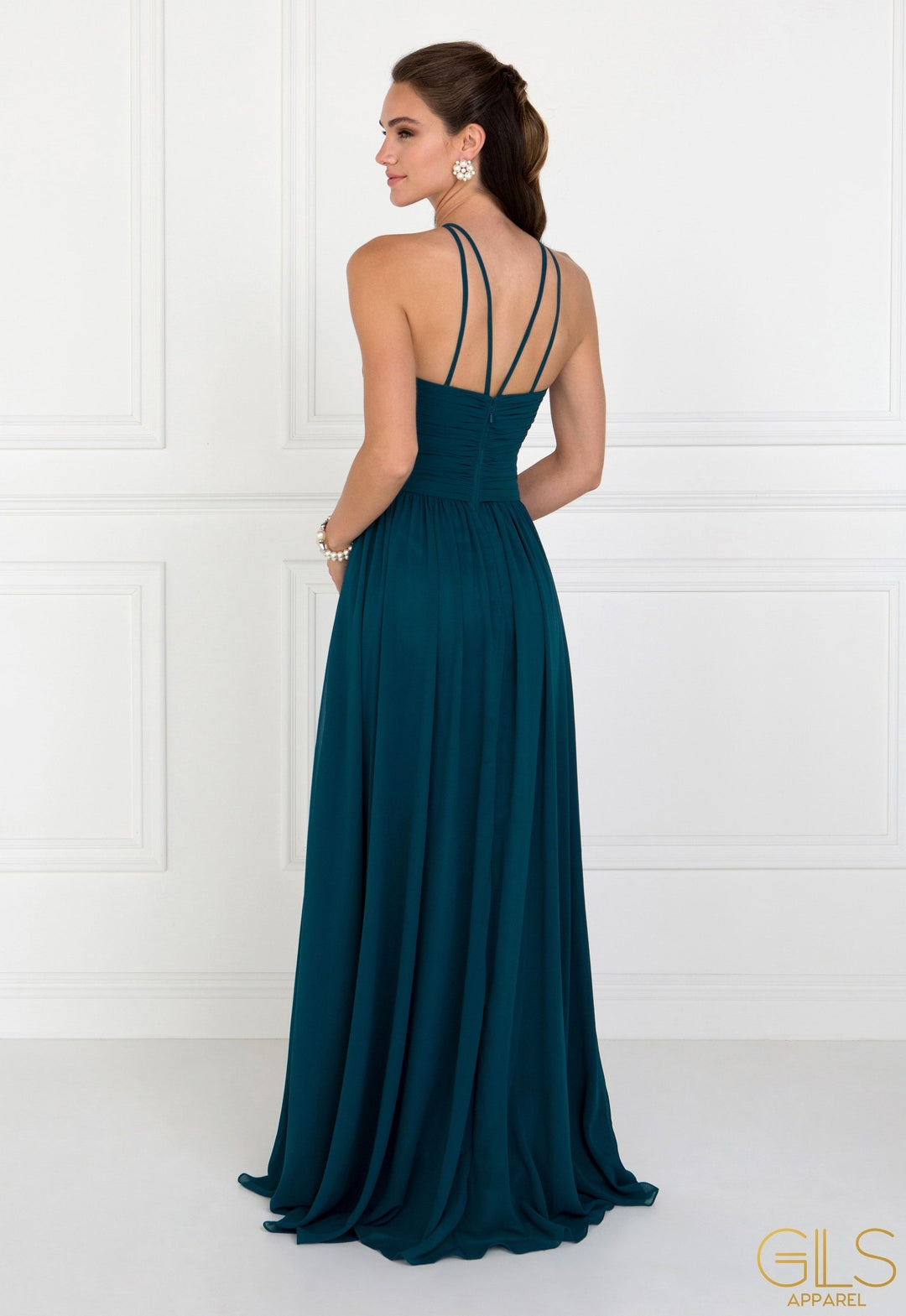 Chiffon High-Neck Ruched Long Burgundy Dress by Elizabeth K GL1524-Long Formal Dresses-ABC Fashion