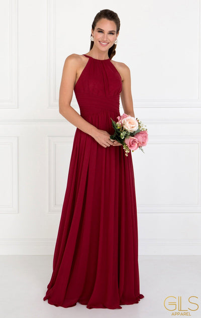 Chiffon High-Neck Ruched Long Burgundy Dress by Elizabeth K GL1524-Long Formal Dresses-ABC Fashion