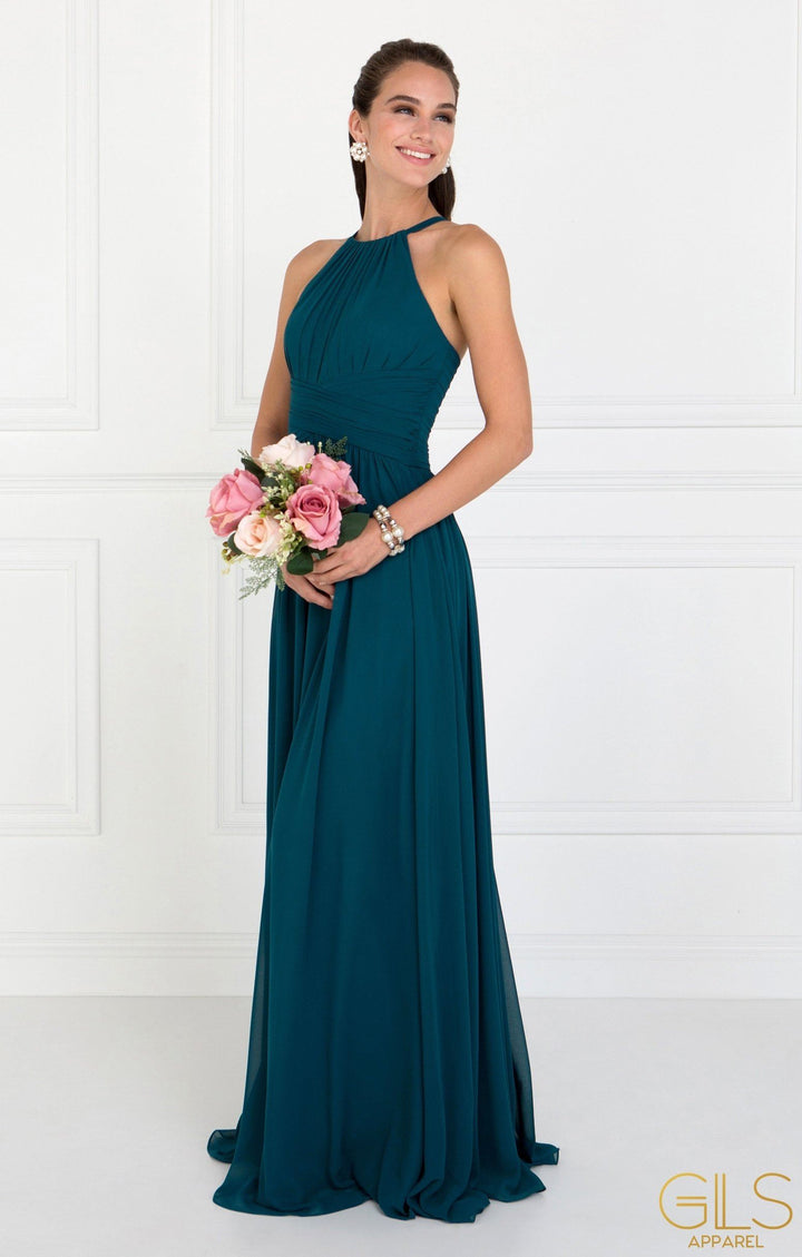 Chiffon High-Neck Ruched Long Burgundy Dress by Elizabeth K GL1524-Long Formal Dresses-ABC Fashion