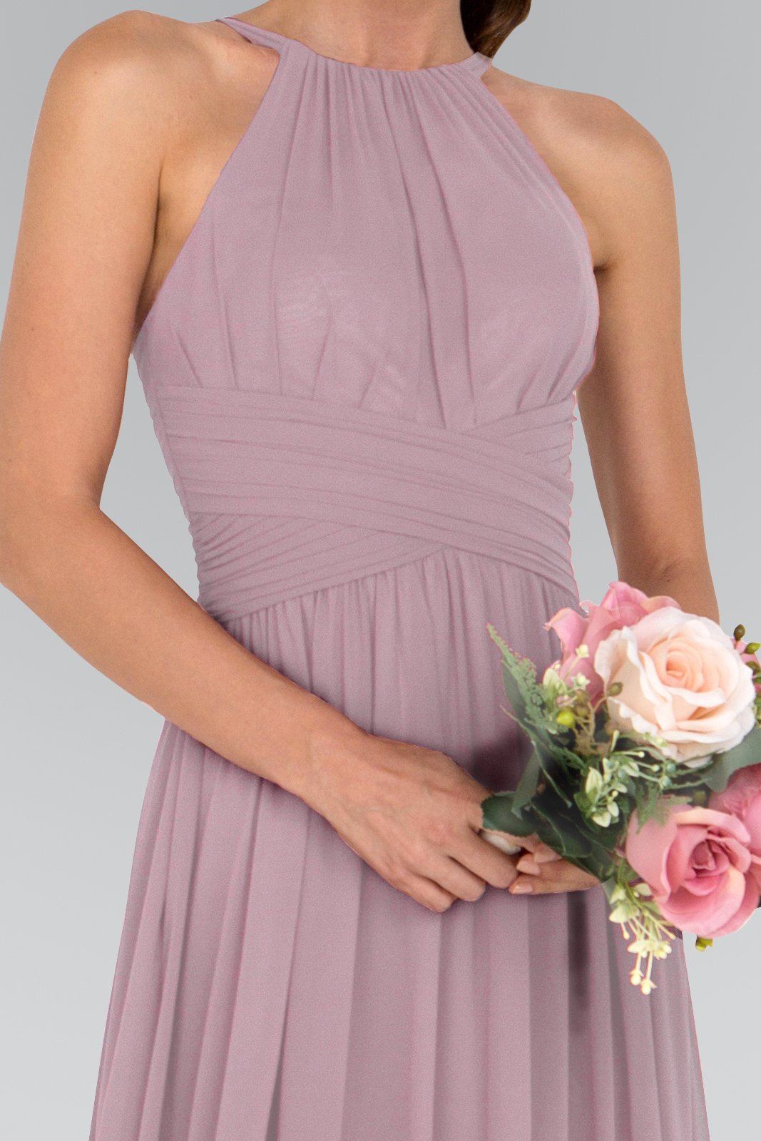 Chiffon High-Neck Ruched Long Mauve Dress by Elizabeth K GL1524-Long Formal Dresses-ABC Fashion