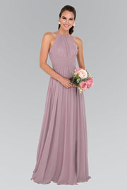 Chiffon High-Neck Ruched Long Navy Dress by Elizabeth K GL1524-Long Formal Dresses-ABC Fashion