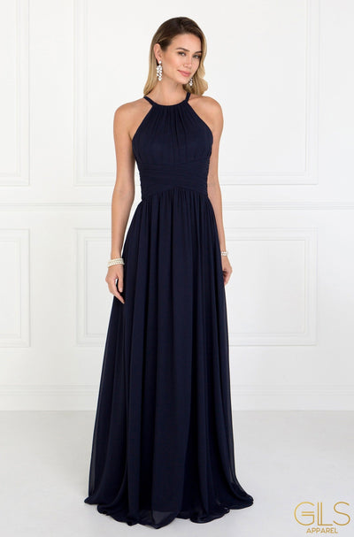Chiffon High-Neck Ruched Long Navy Dress by Elizabeth K GL1524-Long Formal Dresses-ABC Fashion