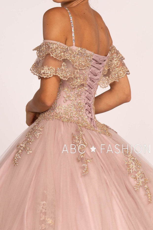 Cold Shoulder A-line Ball Gown with Gold Appliques by Elizabeth K GL2510-Quinceanera Dresses-ABC Fashion