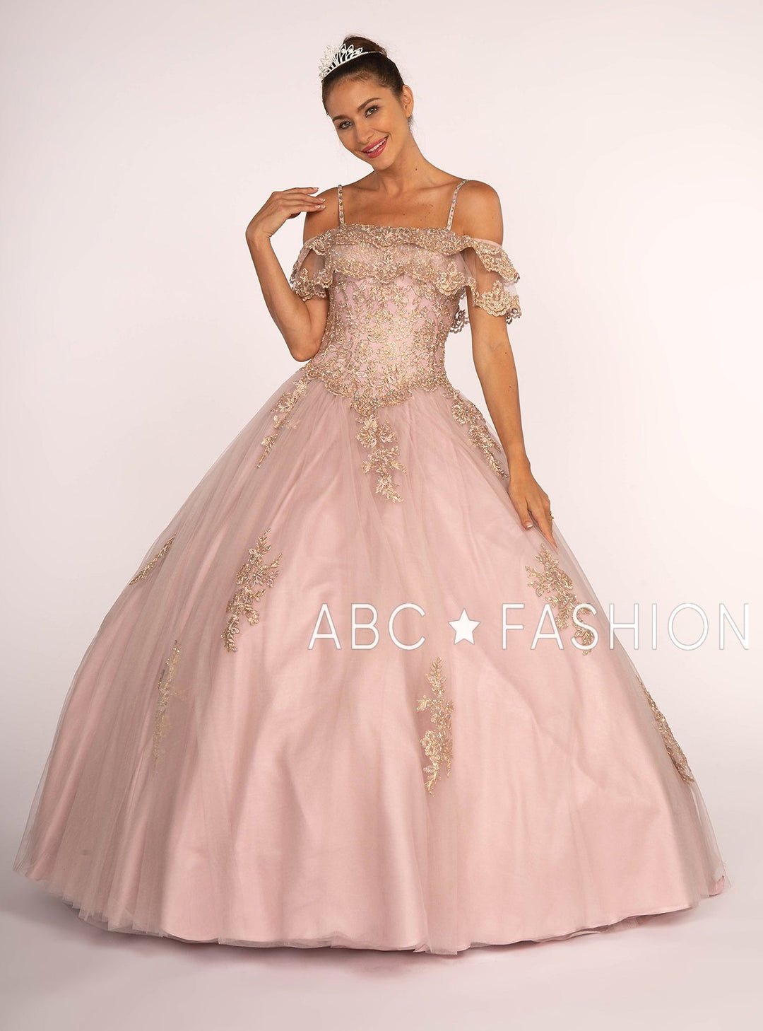 Cold Shoulder A-line Ball Gown with Gold Appliques by Elizabeth K GL2510-Quinceanera Dresses-ABC Fashion