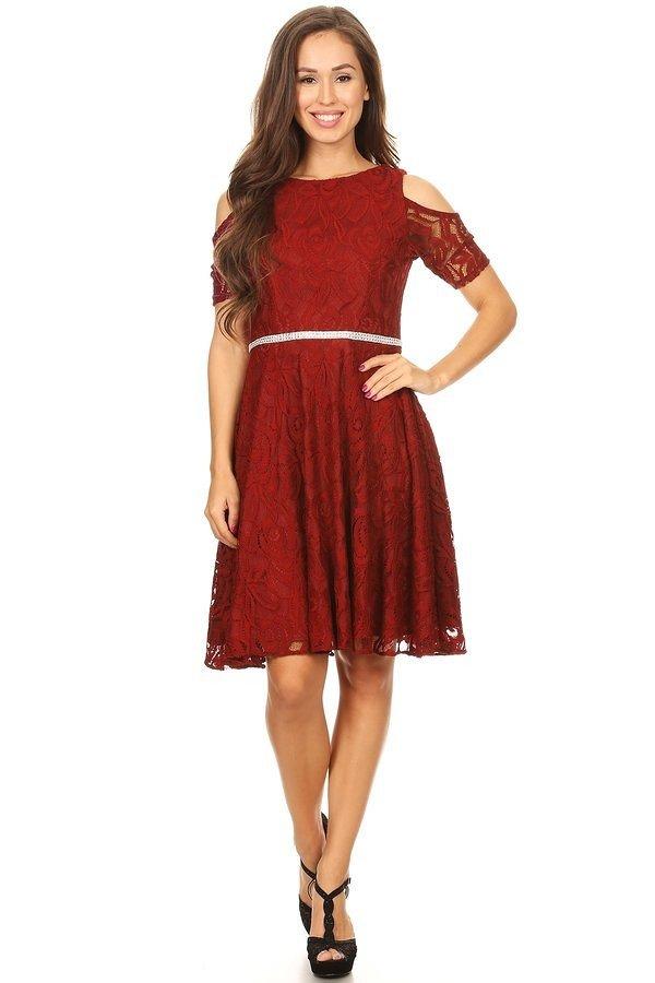 Cold Shoulder Short Lace Dress with Short Sleeves by Celavie 6307-Short Cocktail Dresses-ABC Fashion