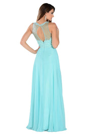 Coral Long Chiffon Dress with Lace Applique Top by Poly USA-Long Formal Dresses-ABC Fashion