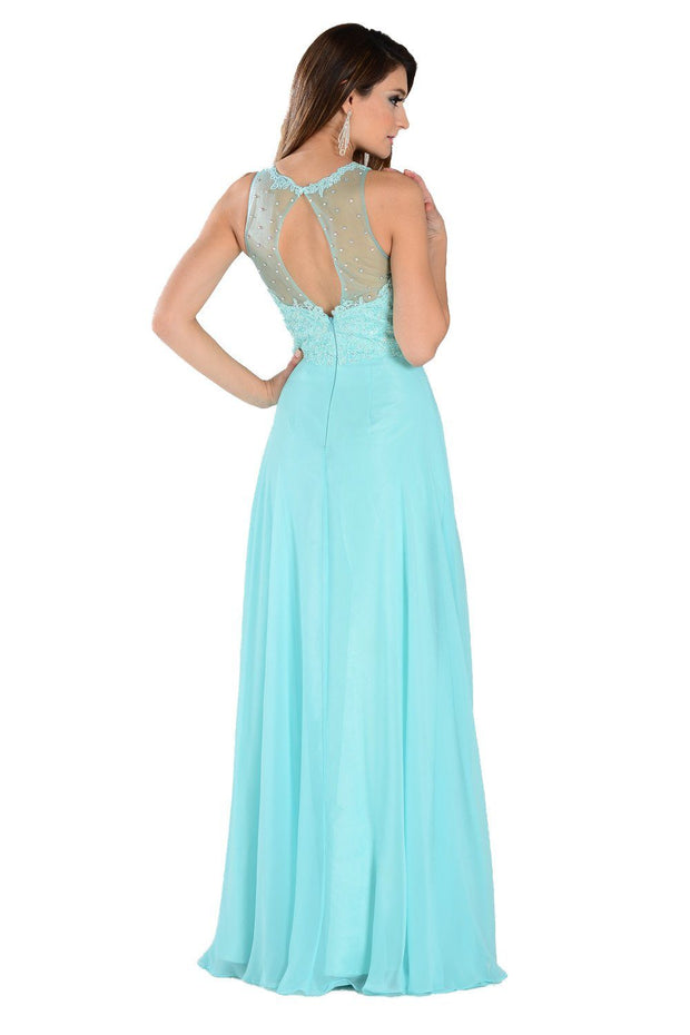 Coral Long Chiffon Dress with Lace Applique Top by Poly USA-Long Formal Dresses-ABC Fashion