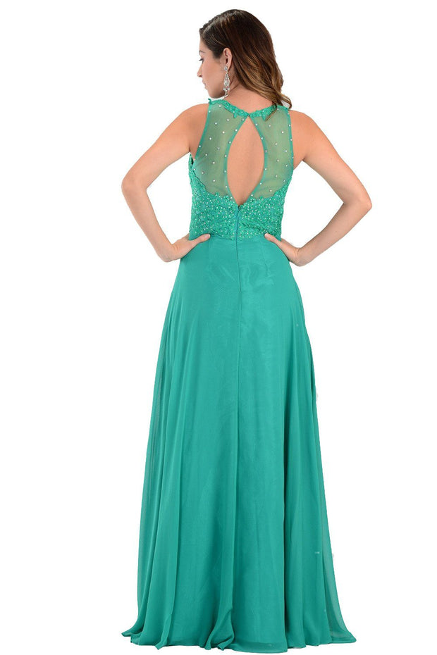 Coral Long Chiffon Dress with Lace Applique Top by Poly USA-Long Formal Dresses-ABC Fashion