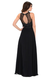 Coral Long Chiffon Dress with Lace Applique Top by Poly USA-Long Formal Dresses-ABC Fashion