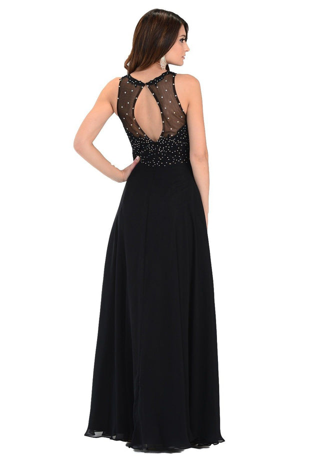 Coral Long Chiffon Dress with Lace Applique Top by Poly USA-Long Formal Dresses-ABC Fashion