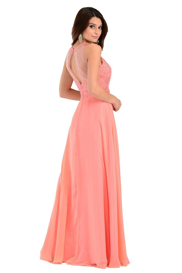 Coral Long Chiffon Dress with Lace Applique Top by Poly USA-Long Formal Dresses-ABC Fashion