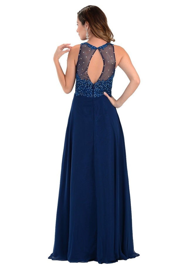 Coral Long Chiffon Dress with Lace Applique Top by Poly USA-Long Formal Dresses-ABC Fashion