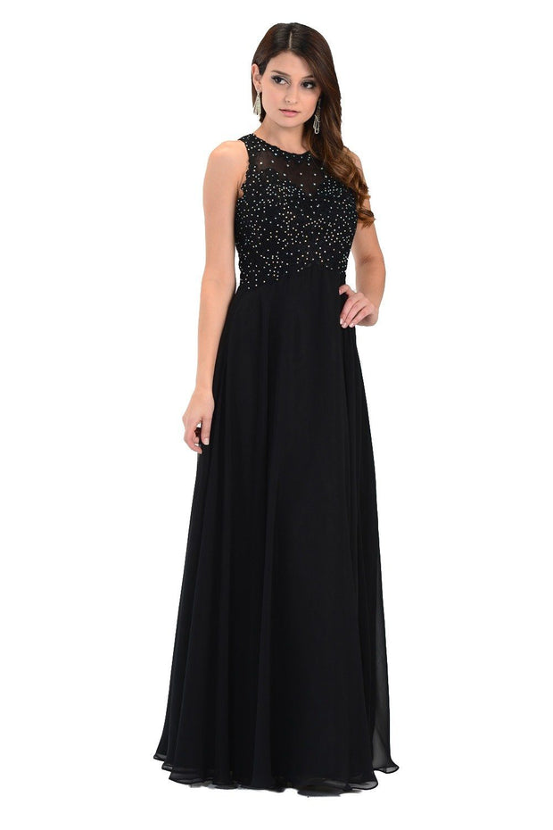 Coral Long Chiffon Dress with Lace Applique Top by Poly USA-Long Formal Dresses-ABC Fashion