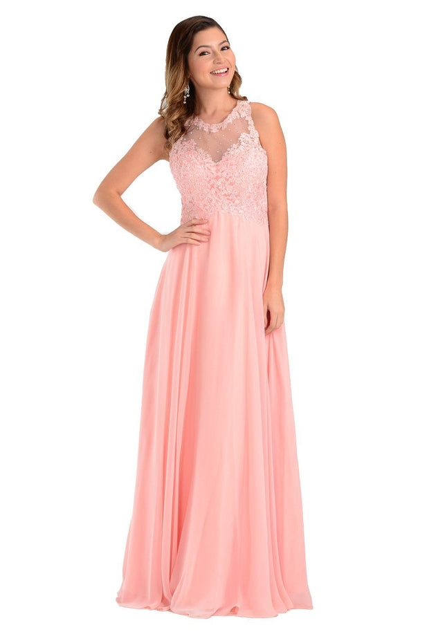 Coral Long Chiffon Dress with Lace Applique Top by Poly USA-Long Formal Dresses-ABC Fashion
