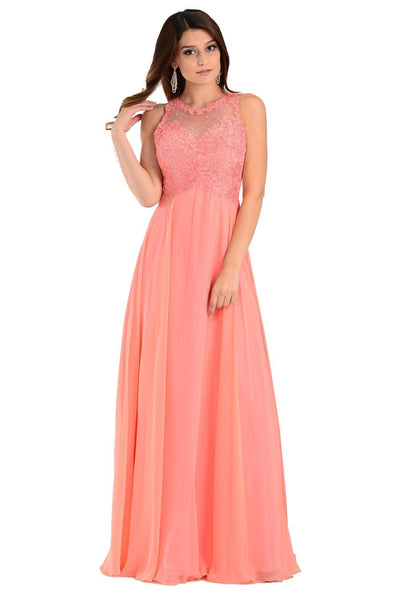 Coral Long Chiffon Dress with Lace Applique Top by Poly USA-Long Formal Dresses-ABC Fashion