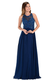 Coral Long Chiffon Dress with Lace Applique Top by Poly USA-Long Formal Dresses-ABC Fashion