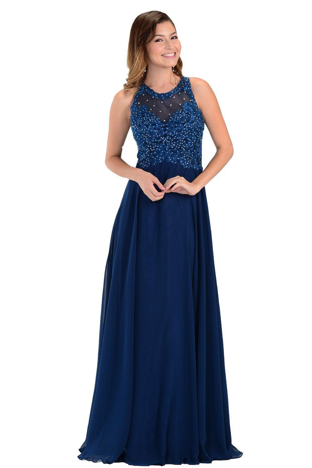Coral Long Chiffon Dress with Lace Applique Top by Poly USA-Long Formal Dresses-ABC Fashion