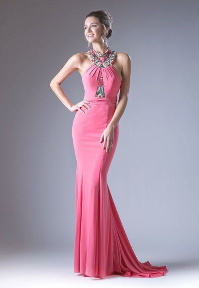 Coral Open Back Dress with Floral Embroided Neckline by Cinderella Divine 83964-Long Formal Dresses-ABC Fashion