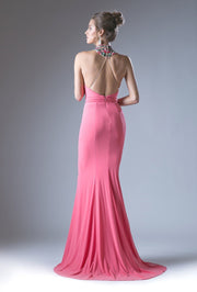 Coral Open Back Dress with Floral Embroided Neckline by Cinderella Divine 83964-Long Formal Dresses-ABC Fashion