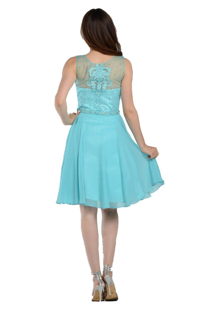 Coral Short Chiffon Dress with Beaded Bodice by Poly USA-Short Cocktail Dresses-ABC Fashion