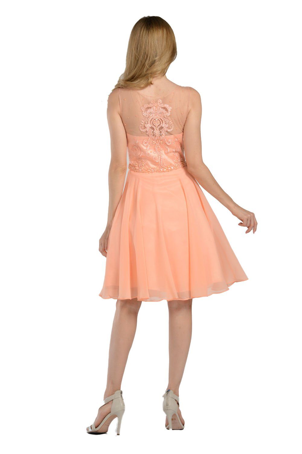Coral Short Chiffon Dress with Beaded Bodice by Poly USA-Short Cocktail Dresses-ABC Fashion